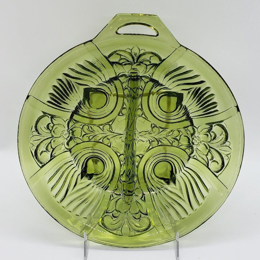Indiana Glass Vintage Killarney Avocado Green Divided Relish Dish or Bowl